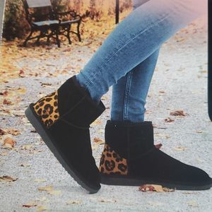 NEW‎ Serra Suede Mini Ugg Style Boots Leopard Heel 8
